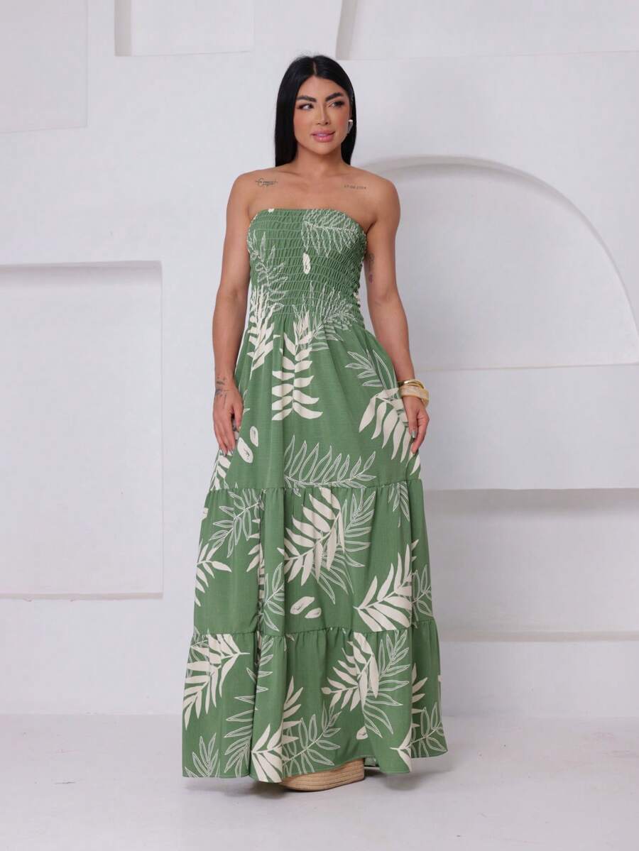 Women's Long Lastex Strapless Dress With Leaf Print - màu xanh lá - Xem 1