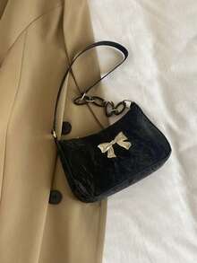 全新时尚休闲女式 PU 纯色黑色/咖啡色/卡其色蝴蝶结金属配件腋下零钱包化妆包 - 黑色 - 查看 7