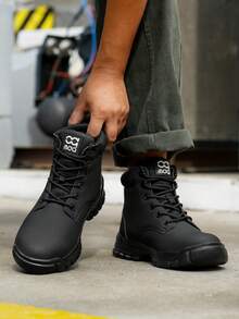 Men's Work Shoes Outdoor Sports Anti-Crush Steel Toe High-Top Lace-Up Construction Boots For Spring Summer Autumn Winter - Black - View 9