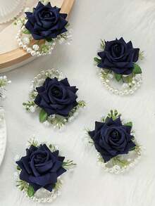  4/6pcs Elegant White Rose Wrist Corsages With White Gypsophila And Faux Pearl Chains, Beautiful Floral Decorations With Green Leaves, Durable And Comfortable To Wear, Perfect Wedding Accessories For Bride, Bridesmaids, Mother-In-Law, And Guests, Ideal For Prom, Anniversary, Dinner Dance, Engagement, Or Formal Events, Romantic Party Favors And Elegant Gift Choice For Women Girls Valentine's Day Accessories