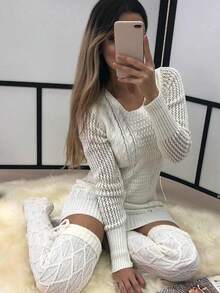 女士过膝长袜，保暖舒适，冬季圣诞礼物 - 白色 - 查看 2