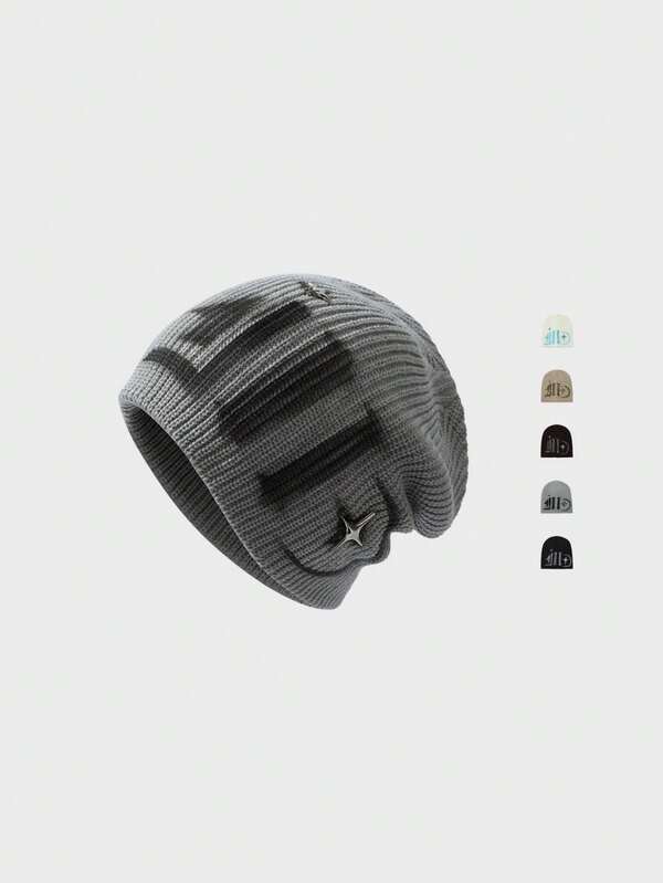 1 Stück Retro Streetwear Buchstaben- und Mond-Muster warme gestrickte Beanie Mütze, Unisex, Herbst/Winter