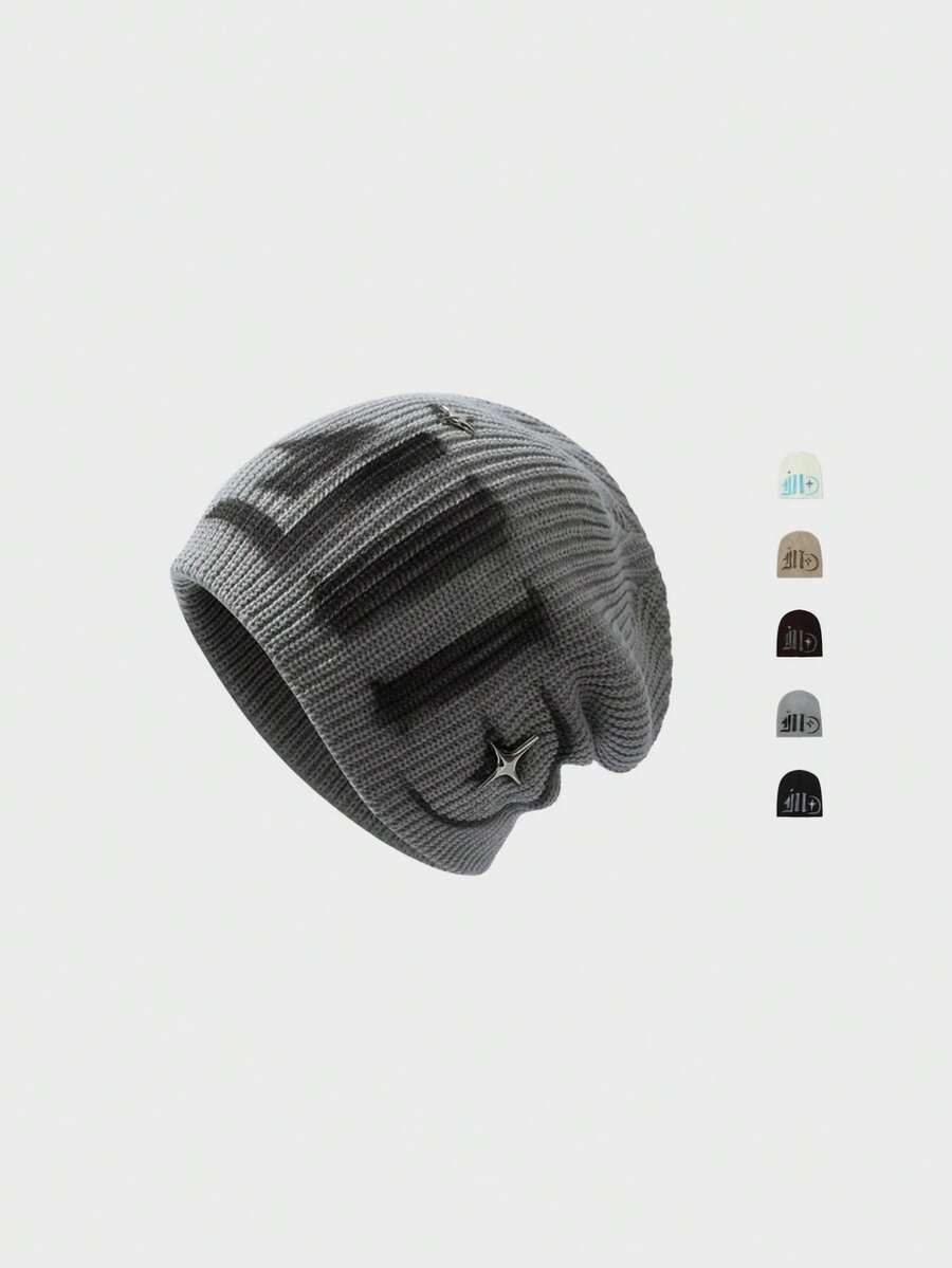 1顶复古街头风字母月亮印花保暖针织帽，男女通用，秋冬季（注意：手绘图案不建议水洗）