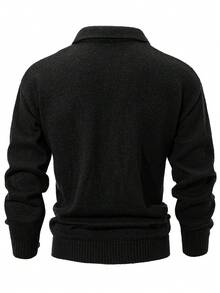 Men's Solid Color Half-Zip Dropped Shoulder Loose Casual Sweater, Long Sleeve Top - Black - View 4