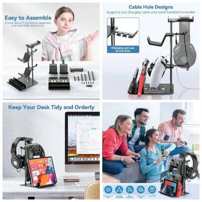 Soporte Auriculares Gaming, Universal Soporte Control Porta Cascos Mesa con Organizador de Cables, Gancho Controlador con Barra Apoyo de Aluminio para Switch Telfono Accesorios Juego PCNegro