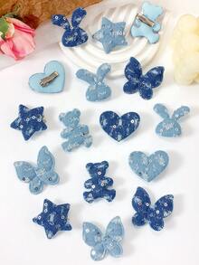 10pcs Random Blue Tone Rhinestone Glitter Fashion Hair Clips With Star, Rabbit, Butterfly, Bear, Heart Fabric Decor, Cute Girl Daily & Party Hair Accessories - Multicolor - View 5