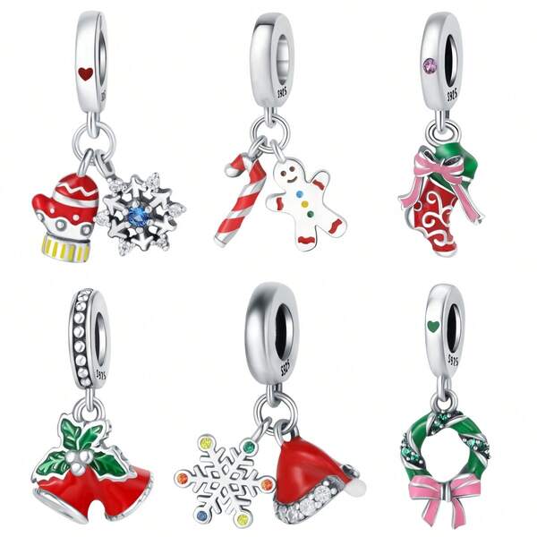 PANPOKI 1 pezzo Ciondolo natalizio in argento sterling 925 genuino, con cappelli, guanti e calze di Natale, adatto per bracciali, collane e creazioni di gioielli fai-da-te, ideale come decorazione natalizia e regalo