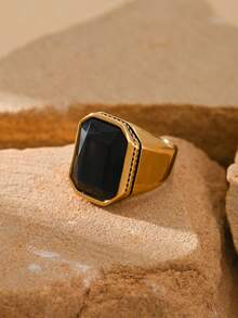 1pc Stainless Steel 18K Gold Plated Inlaid Large Rectangular Cubic Zirconia Engraved Business Style Men's Rings Gift Jewelry