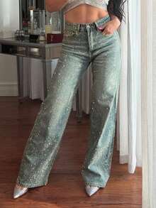 New Fashion European And American Style Women's Loose Straight Leg Full Rhinestone Embellished Denim Maxi Pants Casual - Light Wash - View 3