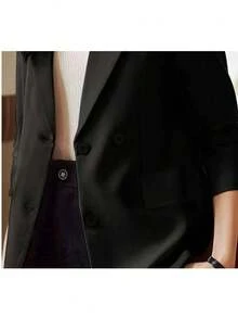 女士黑色梭织面料西装外套，长袖，前襟纽扣，常规长度，打造精致优雅的春季造型 - 黑色 - 查看 3