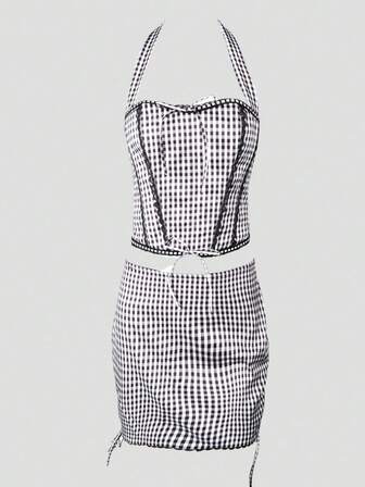 性感格子两件套夏季女装，带骨紧身胸衣，蕾丝蝴蝶结装饰，系带露背吊带短款上衣，派对塑身衣和抽绳褶皱紧身迷你裙，隐形拉链，适合度假狂欢节万圣节服装