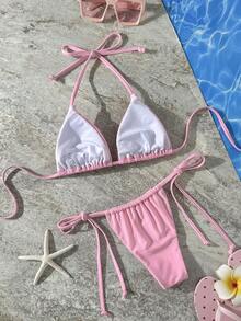 Set bikini roz, sexy și dulce, 3 piese - top triunghiular cu decor în stele și fustă de dantelă cu model floral | Costume de baie pentru femei, potrivite pentru petreceri pe plajă și la piscină, vacanță, vară - Roz - Vizualizare 4