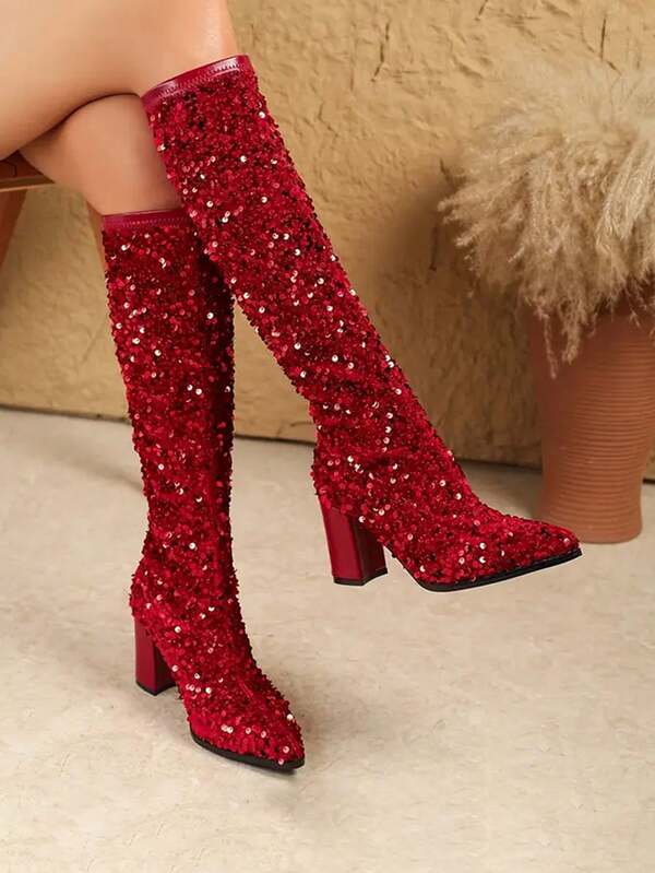 Fashionable Minimalist Black Versatile Women's High Heel Boots, One-Piece Slip-On, Thick Heel With Sequins, Elastic Mid-Calf Pointed Toe Slim Boots, Suitable For Autumn/Winter