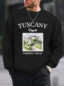 Men's Tuscan Style Italian Country Print Fashion  Round Neck Long Sleeve Sweatshirt, Comfortable Slim Fit Pullover, Essential Autumn Winter Men's Top - 黑色 - 查看 1