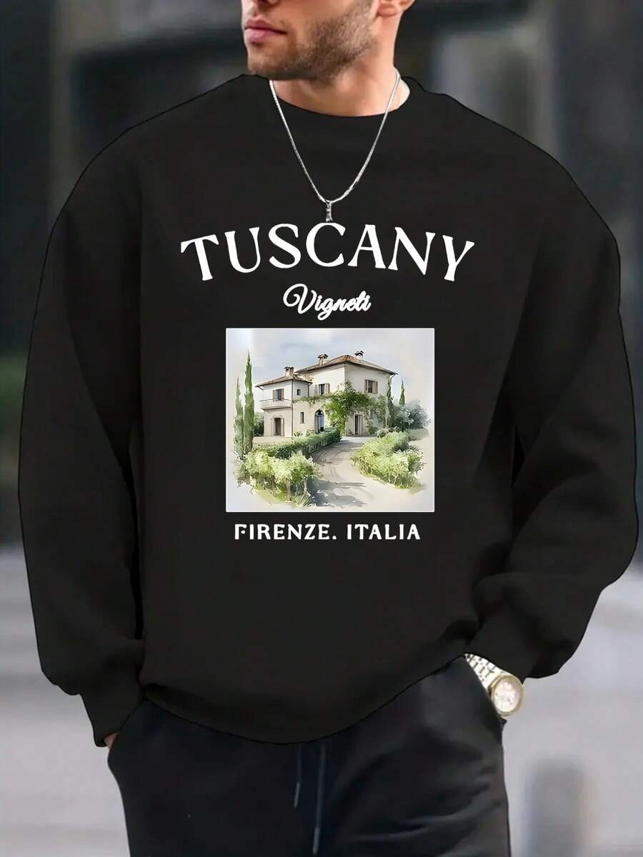 Men's Tuscan Style Italian Country Print Fashion  Round Neck Long Sleeve Sweatshirt, Comfortable Slim Fit Pullover, Essential Autumn Winter Men's Top - 黑色 - 查看 1