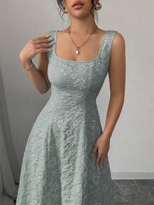 Vestido jacquard elegante e requintado com alças largas, textura floral, comprimento médio justo, estilo casual para férias - Verde - Visão 4