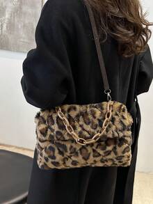 Classic Fluffy Envelope Bag For Women, Fashionable Leopard Print Furry Shoulder Handbag, Crossbody Bag, Autumn/Winter, Korean Style