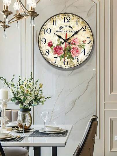 Pc 10 Inch/12 Inch Silent Non Ticking Wooden Wand Klok Vintage French Bloemen