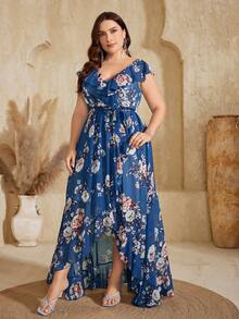 UNITHORSE Non-Positioning Flower V-Neck Ruffle Collar Detachable Tie Asymmetrical Ruffle Hem Printed Bridesmaid Dress - Teal Blue - View 4