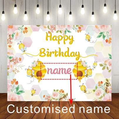 Fondo personalizable con tema de abeja para cumpleaños, diseño de abeja de dibujos animados forrajeando en panal floral rosa, adecuado para cumpleaños, baby shower, regalos y otras fiestas con tema de abeja, material de vinilo.