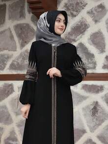 GDFashion 黑色刺绣细节泡泡袖长袍，伊斯兰休闲纽扣前开襟长裙 - 黑色 - 查看 6