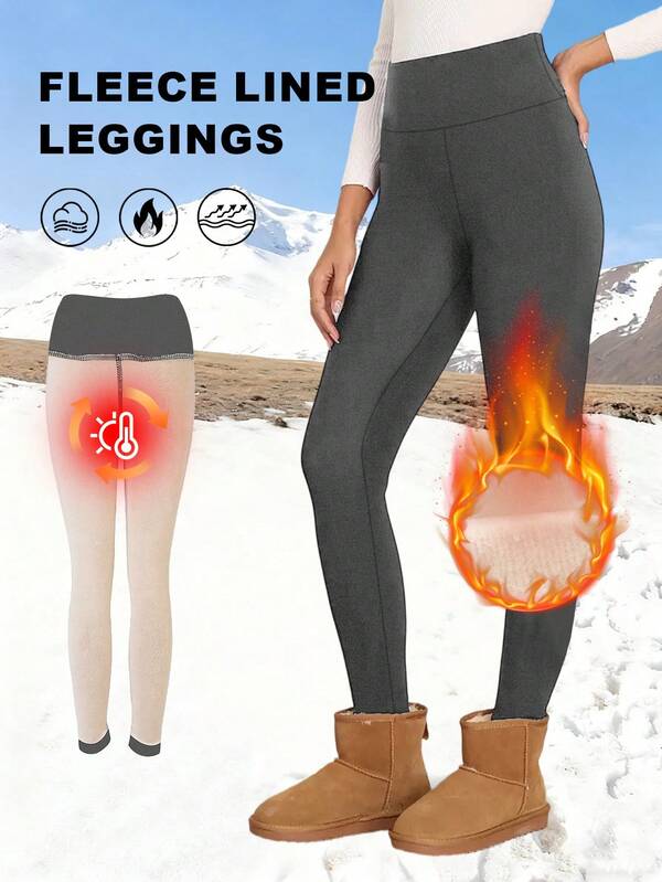 1pc Women's Warm Fleece Lined Leggings, High Waist Skinny Elastic Waist Pants With Embroidered Letter Design, Soft Thermal Tights For Fitness, Running, Yoga, Slimming And Shaping