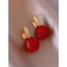 1 Pair Elegant Rhinestone Embellished Red Ball Design Pendant Earrings For Women - 紅色 - 查看 3