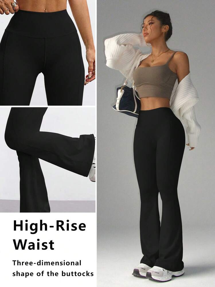 Pantalones elegantes, versátiles y estilizantes de estilo europeo, con cintura alta, piernas anchas y efecto levantador de glúteos, ideales para yoga, fitness y deportes de invierno - Negro - Añade 3