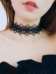 1 Pair Vintage Style Black Lace Trim Necklace & Bracelet Set, Elegant Sexy Choker Necklace, Suitable For Wedding, Halloween, Christmas