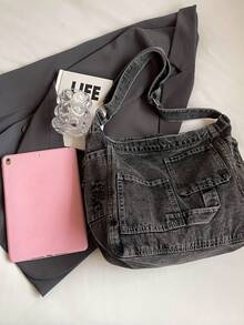 1pc Casual Retro Dark Grey Fabric Tote Bag, Large Capacity Multi-Pocket Shoulder Messenger Bag, Fashionable Unisex Zipper Closure Belt Buckle Stitching Fabric Handbag