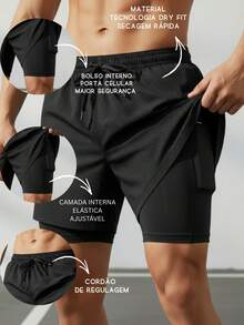Shorts 2 Em 1 Duplo Esportivo Dry Fit Com Bolso Calção Para Academia Shorts Esportivo - Preto - Visão 3