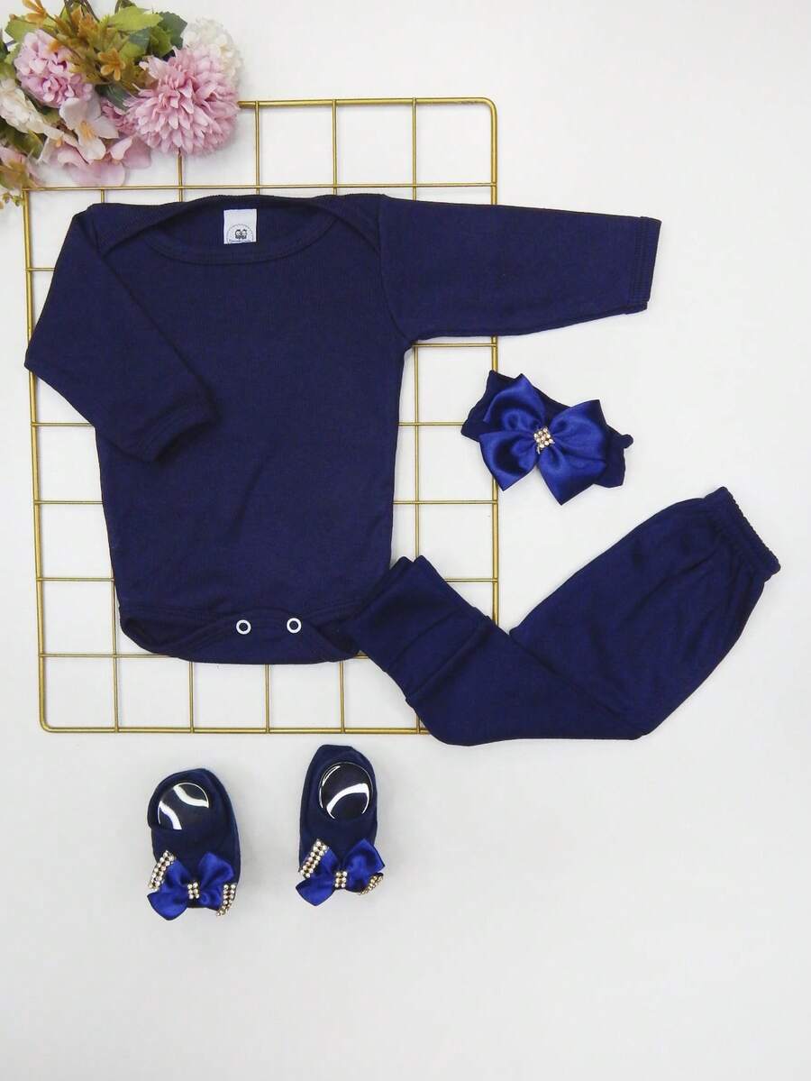 4 Piece Set Long Sleeve Bodysuit With Booties, Hairband And Ribbed Knit Pants / Baby Girl Set With Booties And Hair Bow In Navy Blue - 藏蓝色 - 查看 1