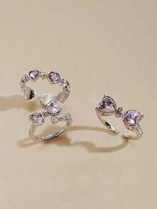 3pcs/Set Pink Heart & Bowknot & Rhinestone Decor Rings For Women, Great For Dating And Vacation Gifts - Multicolor - View 4