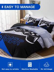 Bộ chăn ga gối đệm tay cầm chơi game chắp vá 3 món màu xanh-đen-xám/đỏ-đen-xám, bao gồm 1 vỏ chăn và 2 vỏ gối, vải sợi nhỏ mềm mại, thích hợp cho phòng ngủ, ký túc xá (trai/gái) hoặc khi đi du lịch - Nhiều màu - Xem 7