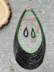 3 cái/bộ Boho Đen Cá Dây điện Nhiều lớp Vòng cổ đính cườm Và 1 đôi Đen Hoa tai - màu đen - Xem 5