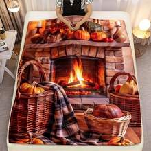 Cozy Fireplace With Pumpkins Printed Blanket - Soft Lightweight Flannel, All-Season Warmth For Sofa, Bedroom, Living Room, Bed, Couch, Chair, Office, Camping - Machine Washable, Contemporary Style, Perfect Gift For Family & Friends, Fireplace Decor