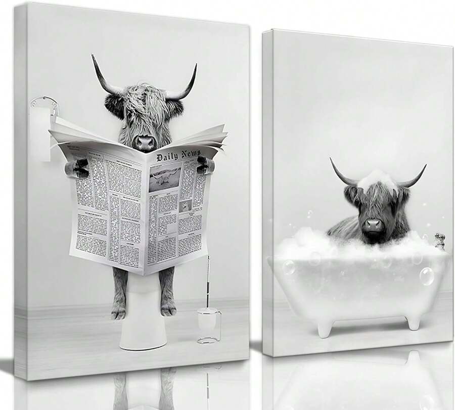 Framed 2 Pieces Bathroom Wall Art Funny Highland Cow Canvas Cow In Bathtub Prints Cute Animal Pictures Modern Home Décor Humor Animals Poster Rustic Farmhouse Dration 16"X24"X2,23776597 - 寶藍色 - 查看 1