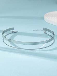 素色極簡風格多層頸鏈 - 銀色 - 查看 4