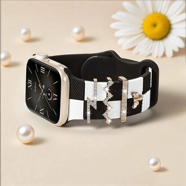 5Pcs/Set White & Black Check Design Silicone Strap With Gold Shiny Bees Decorative Charms Band 38mm 40mm 41mm 42mm 44mm 45mm 46mm 49mm For Apple Watch Sport Bands Compatible With IWatch Strap Series Ultra 2 SE 10 9 8 7 6 5 4 3 2 1 