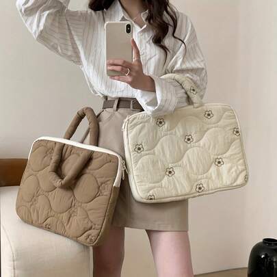 刺绣花卉图案笔记本电脑包，适用于13.3英寸笔记本电脑，例如Macbook Air、Pro 13.3、iPad 10、Pro 12.9、Air 13，绗缝手提包，带拉链封口