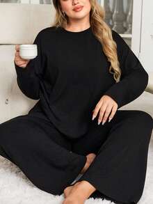 2-delat plusstorleksset för kvinnor, långärmad t-shirt och vida byxor, höst/vinter - Svart - Visa 4