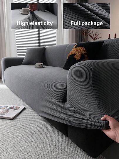 1pc Solid Color Jacquard Stretch Elastic Sofa Cover, Ins Style For All Seasons, Machine Washable, Pet Proof & Durable, Suitable For Living Room, Bedroom, Dining Room, Outdoor, Fits 1/2/3/4 Seater Sofa, Non-Slip Strips Included