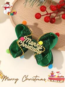 1pc Christmas Day Style Hair Bow Clips For Girls,Green Color Sparking Glitter Design Letter Decor Headdress,Bowknot Hair Clips Duck Clips Hair Accessories