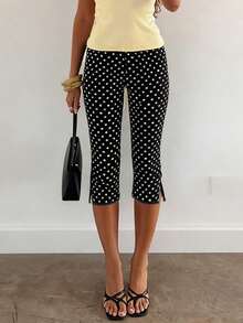 WOWDARK 女士夏季中长裤，黑色蕾丝波点七分裤，侧开衩设计，适合生日派对、聚会、情人节、约会等场合。 - 黑與白 - 查看 6