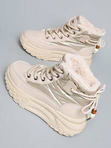 女士 2025 新款休闲时尚简约百搭保暖鞋，高品质厚底高帮运动鞋 - 卡其色 - 查看 1