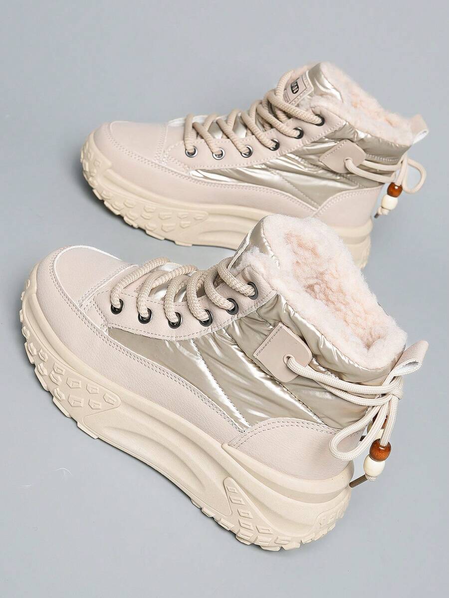 女士 2025 新款休闲时尚简约百搭保暖鞋，高品质厚底高帮运动鞋 - 卡其色 - 查看 1