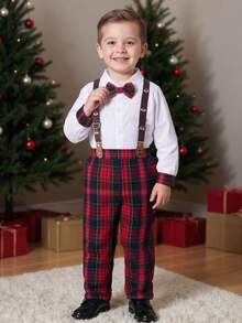 2 buc ținute pentru băieți tineri: cămașă cu mânecă lungă cu fundă și pantaloni cu bretele în carouri, la modă și costum pentru nunți în aer liber, petreceri de ziua de naștere, evenimente - roșu - Vizualizare 3