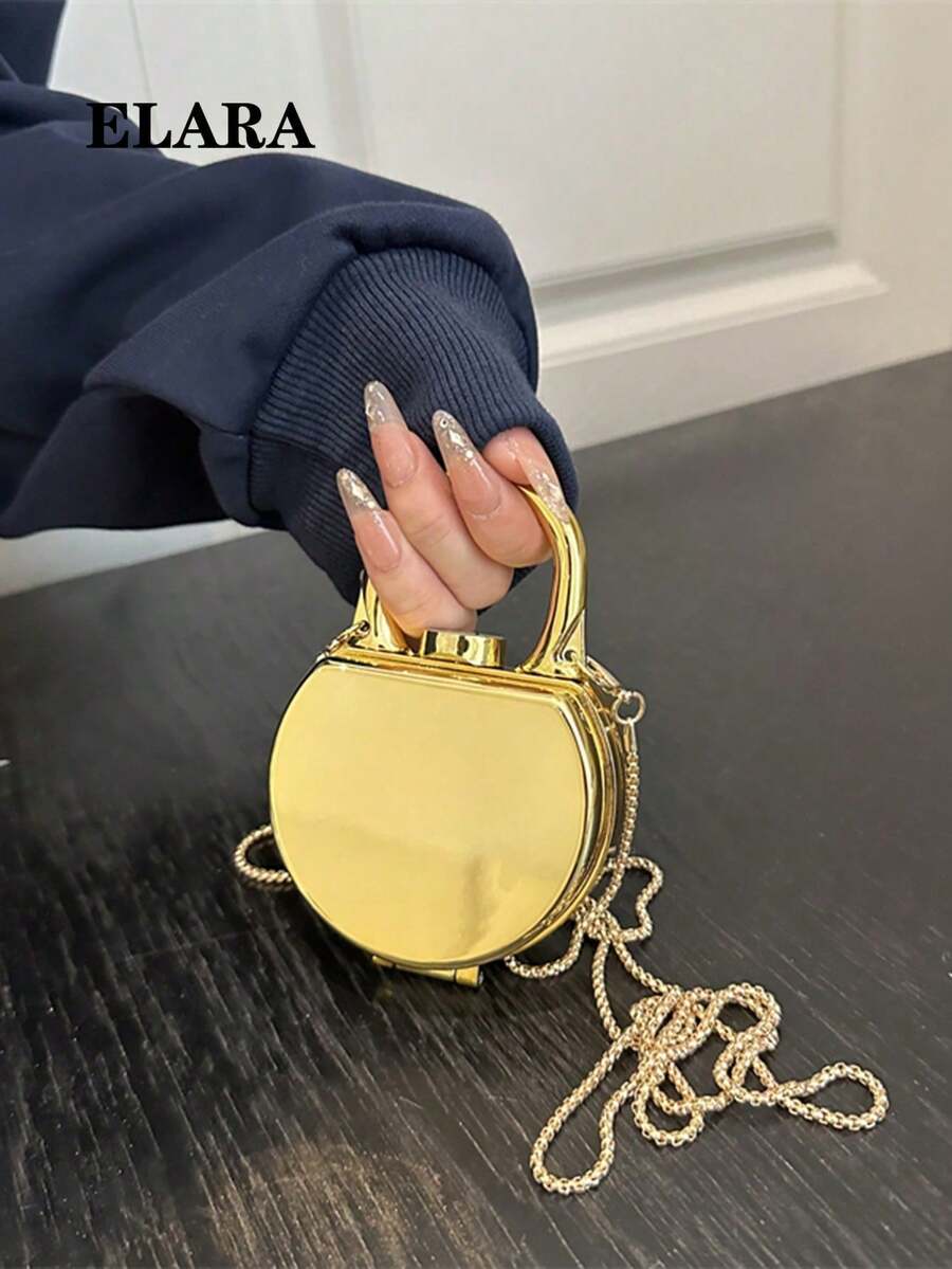 Fashionable Mini Lipstick Shaped Handbag Shoulder Bag, Metal Color Small Round Bag With Chain, Earphone Pouch, Solid Color Personalized Stylish Girl Accessory Necklace Bag