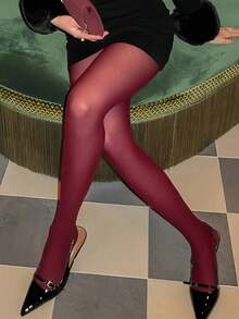 1pc Fashionable And Versatile Solid Color Footless Tights For Dress, For Christmas Gift - 酒紅色 - 查看 2