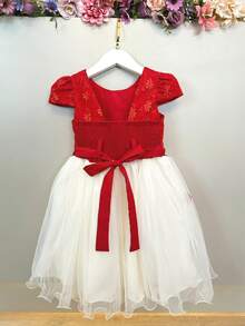 Vestido Infantil Vermelho e Off C/ Apliques na Saia Festas Casamentos Formaturas - Vermelho - Visão 6